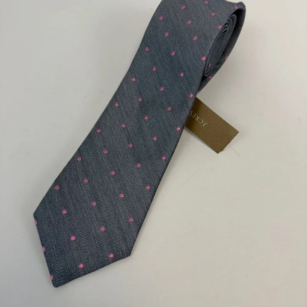 J.Crew Tie Men‎ Gray Pink Polka Dot Silk Made USA F3576 NWT Spring Easter